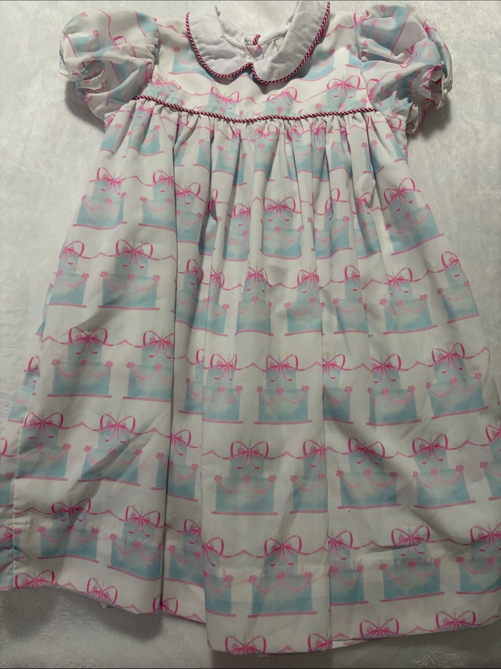 White with Pink Bows and Light Blue Crown Print Dress